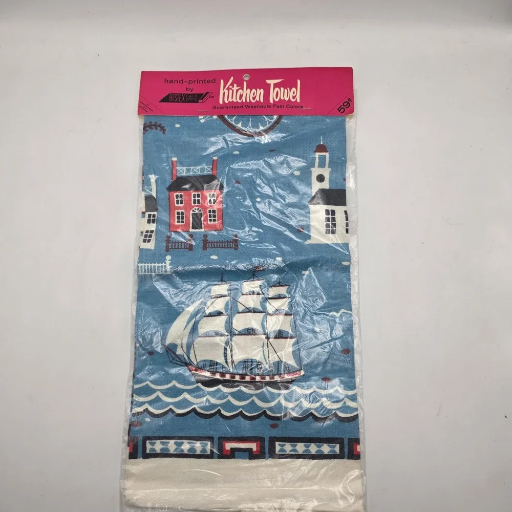 Kitchen Towel Vintage Nautical Sailing Ship Blue Mid Century Coastal Decor